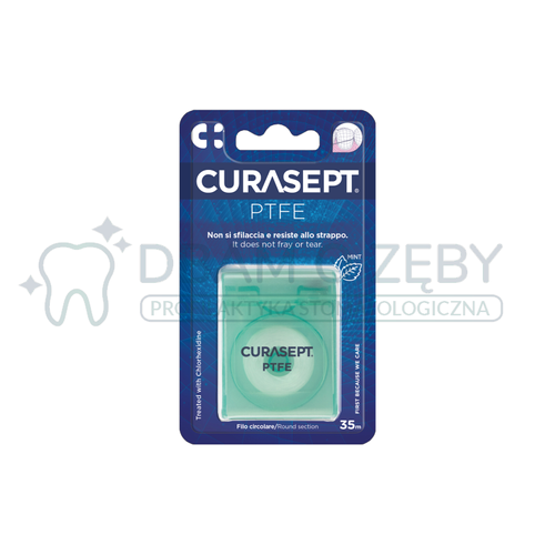 Płaska taśma do zębów Curasept op zielone.